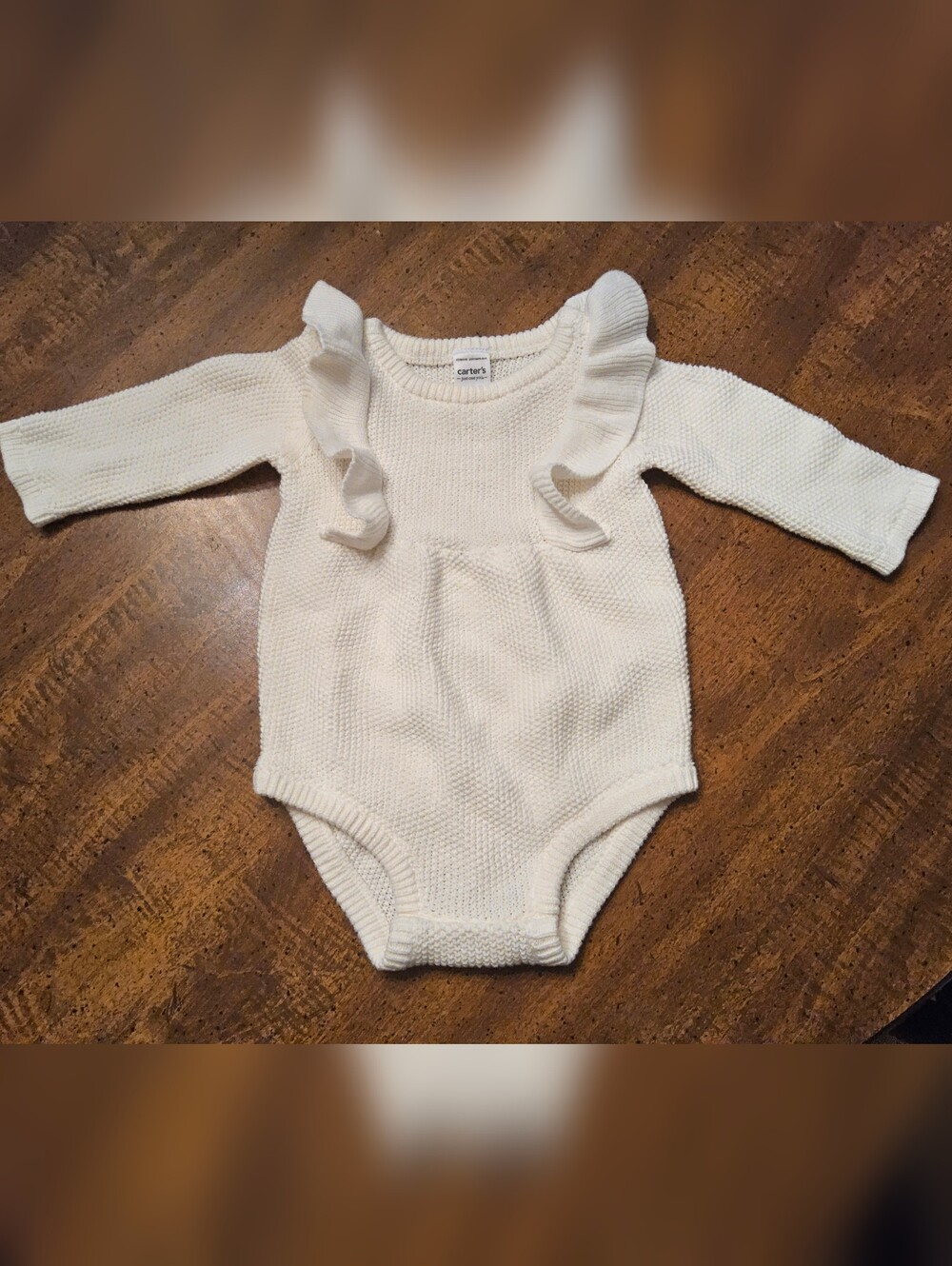 Carter's Cream Knit Ruffle Shoulder Long-Sleeve One-Piece